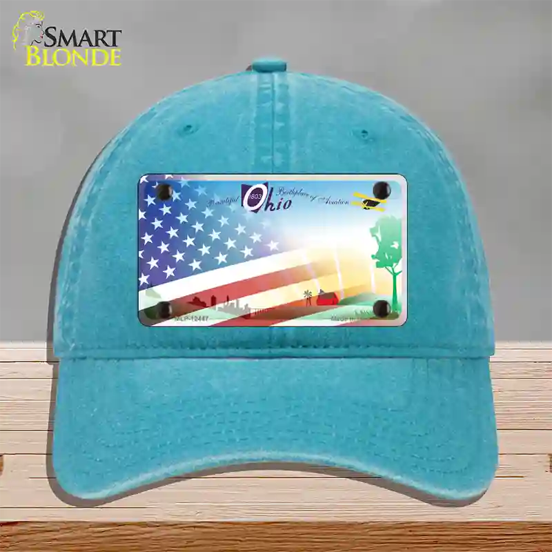 Ohio Birthplace with American Flag Novelty License Plate Hat Unconstructed Cotton / Lake Blue