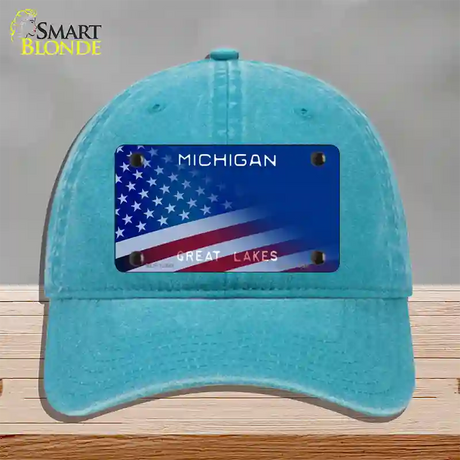 Michigan Great Lakes Plate American Flag Novelty License Plate Hat Unconstructed Cotton / Lake Blue