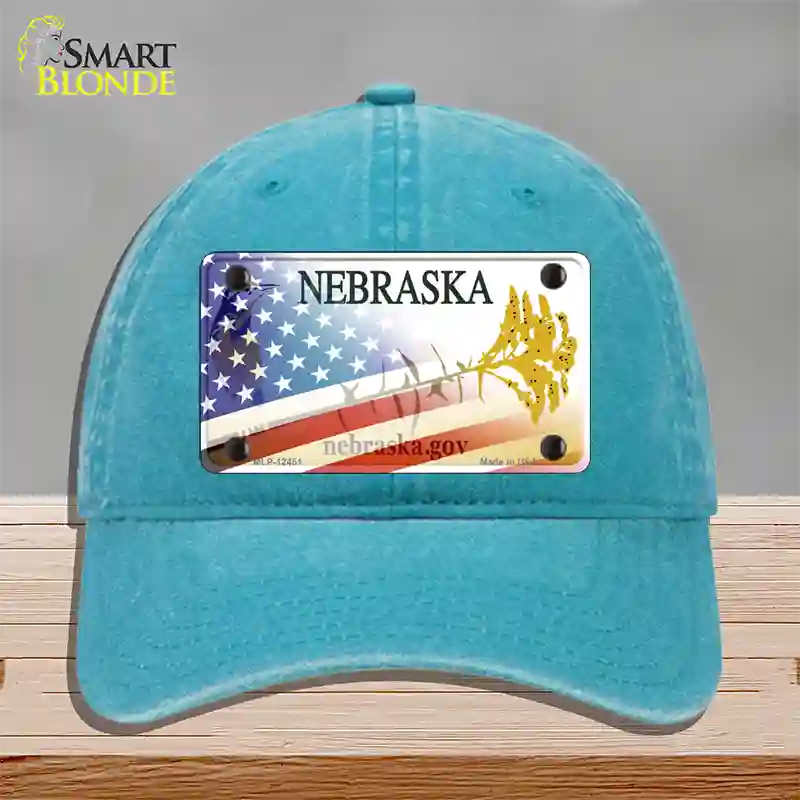 Nebraska Plate American Flag Novelty License Plate Hat Unconstructed Cotton / Lake Blue