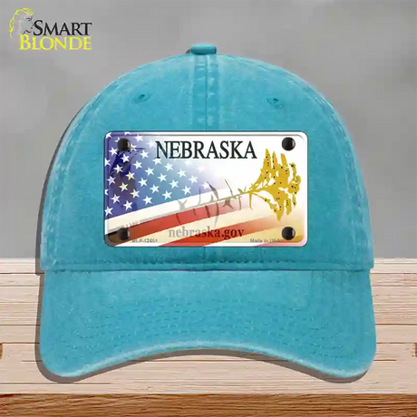 Nebraska Plate American Flag Novelty License Plate Hat Unconstructed Cotton / Lake Blue