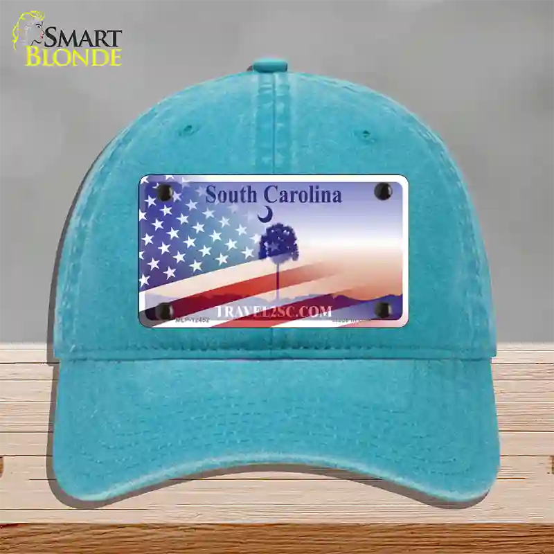 South Carolina Travel Plate American Flag Novelty License Plate Hat Unconstructed Cotton / Lake Blue