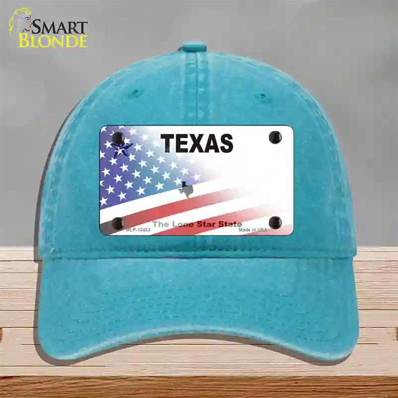 Texas White with American Flag Novelty License Plate Hat Unconstructed Cotton / Lake Blue