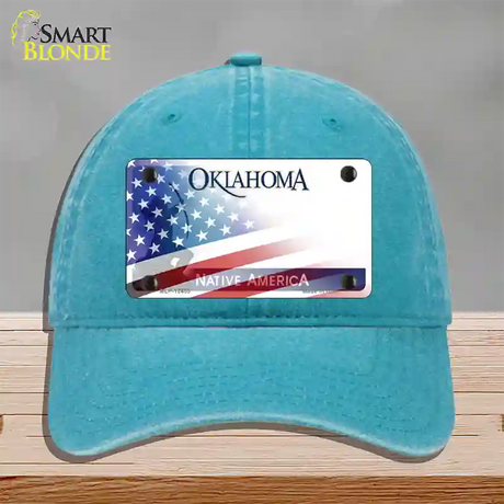 Oklahoma Bow with American Flag Novelty License Plate Hat Unconstructed Cotton / Lake Blue