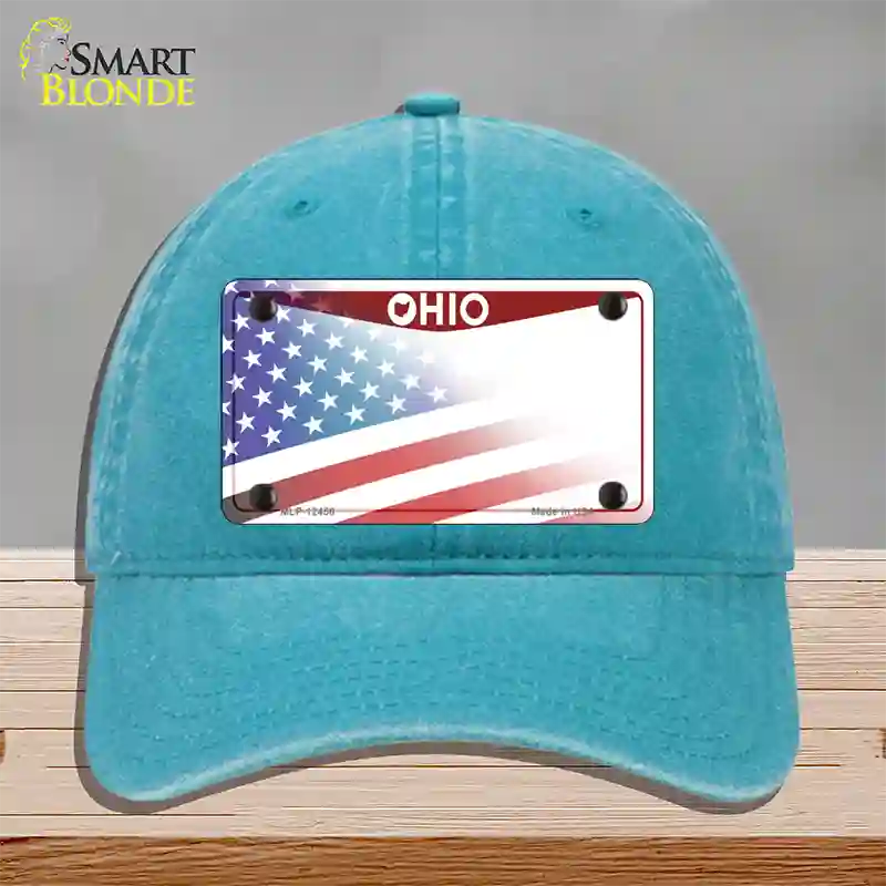 Ohio State American Flag Novelty License Plate Hat Unconstructed Cotton / Lake Blue