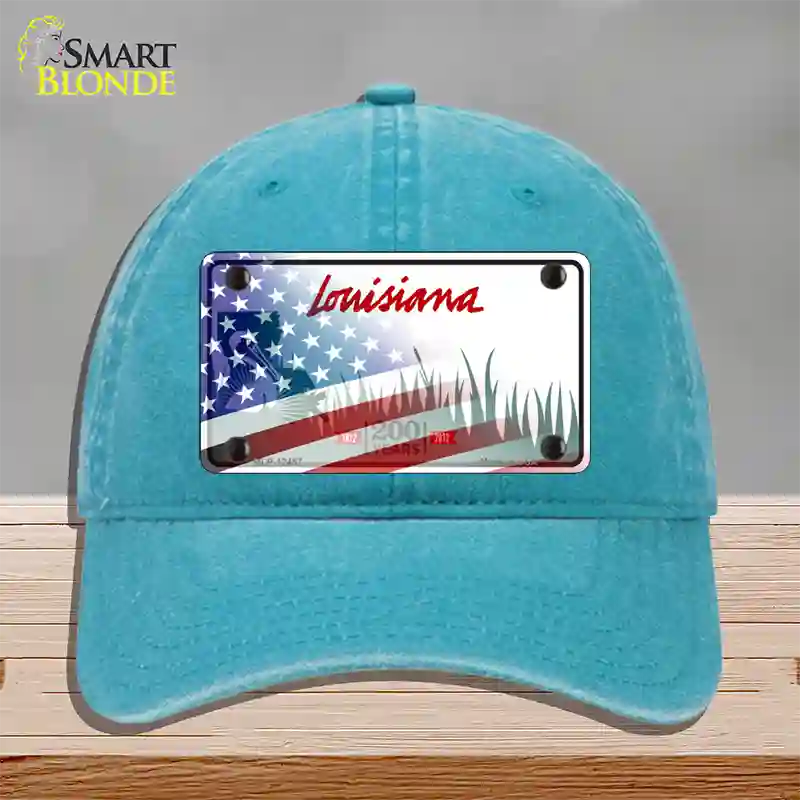 Louisiana 200 Years with American Flag Novelty License Plate Hat Unconstructed Cotton / Lake Blue