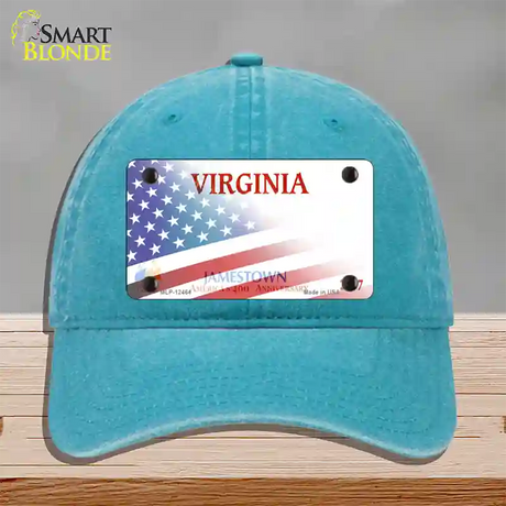 Virginia Jamestown with American Flag Novelty License Plate Hat Unconstructed Cotton / Lake Blue