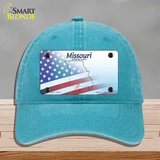 Missouri Show Me with American Flag Novelty License Plate Hat Unconstructed Cotton / Lake Blue