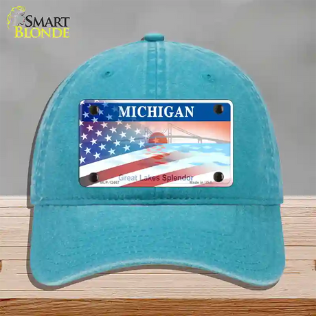 Michigan Splendor with American Flag Novelty License Plate Hat Unconstructed Cotton / Lake Blue