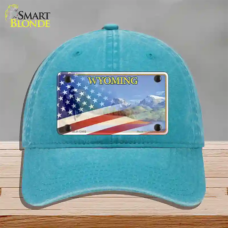 Wyoming State with American Flag Novelty License Plate Hat Unconstructed Cotton / Lake Blue