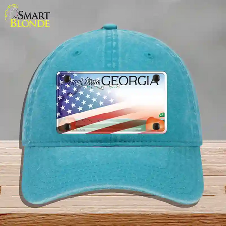 Georgia Peach with American Flag Novelty License Plate Hat Unconstructed Cotton / Lake Blue