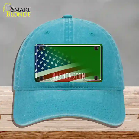 Washington Green with American Flag Novelty License Plate Hat Unconstructed Cotton / Lake Blue