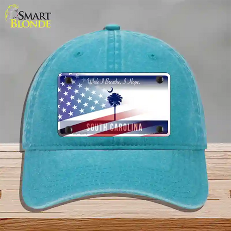 South Carolina Blue with American Flag Novelty License Plate Hat Unconstructed Cotton / Lake Blue