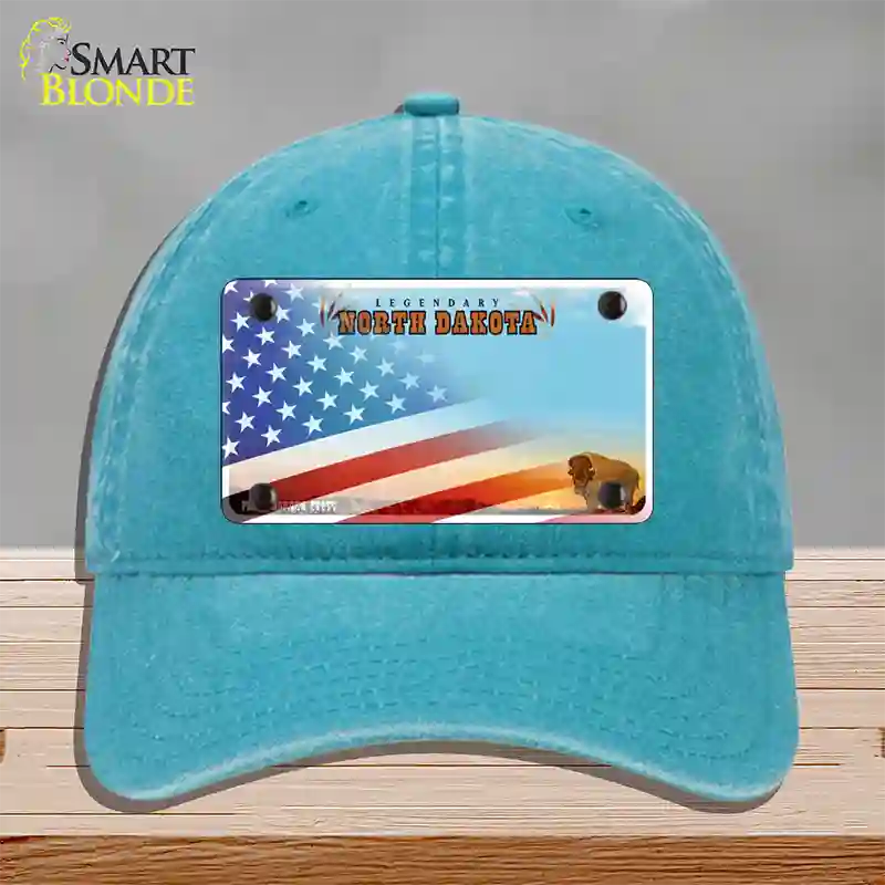 North Dakota Legendary with American Flag Novelty License Plate Hat Unconstructed Cotton / Lake Blue