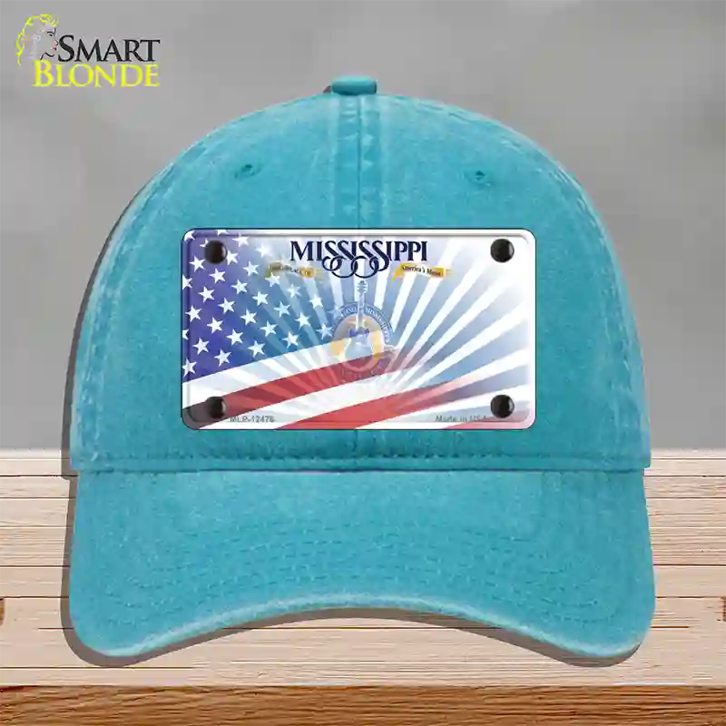 Mississippi Blue with American Flag Novelty License Plate Hat Unconstructed Cotton / Lake Blue