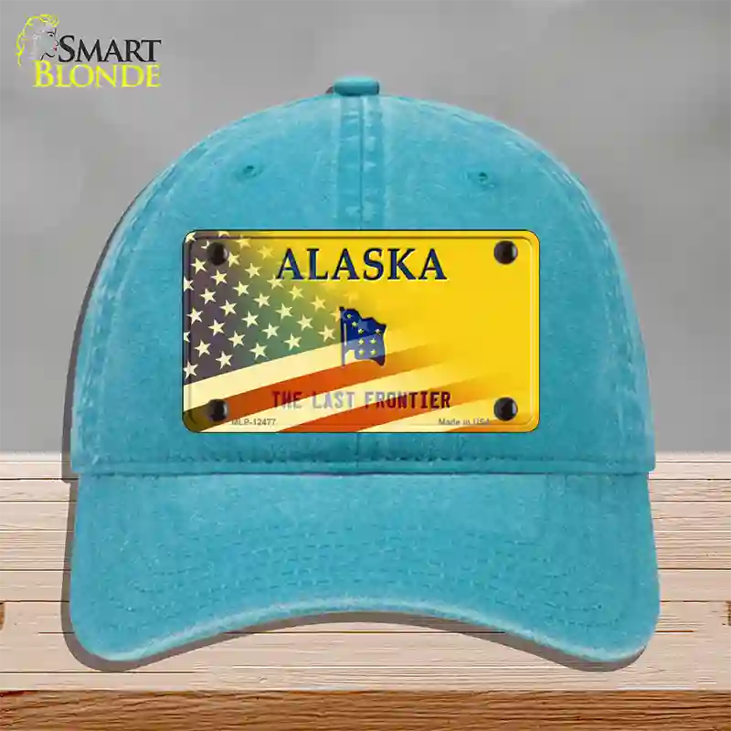 Alaska State Blank Novelty License Plate Hat Unconstructed Cotton / Lake Blue / Alaska Frontier (9509):https | Half American Flag | Yes