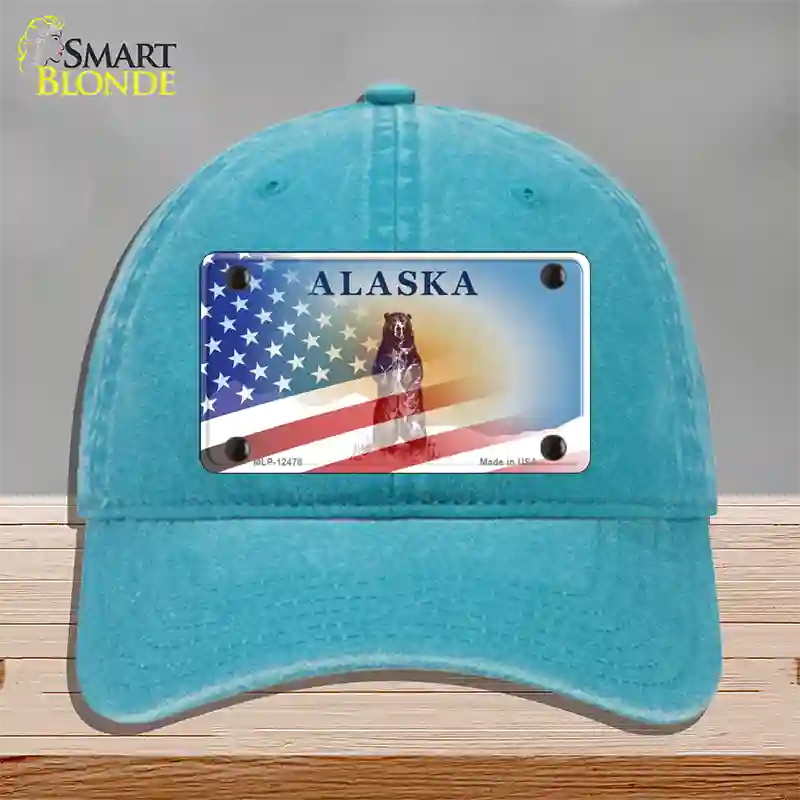 Alaska State Blank Novelty License Plate Hat Unconstructed Cotton / Lake Blue / Alaska Bear (9511):https | Half American Flag | Yes