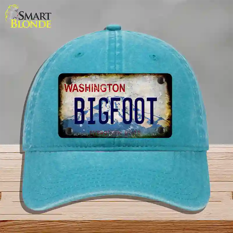 Bigfoot Washington Rusty Novelty License Plate Hat Unconstructed Cotton / Lake Blue