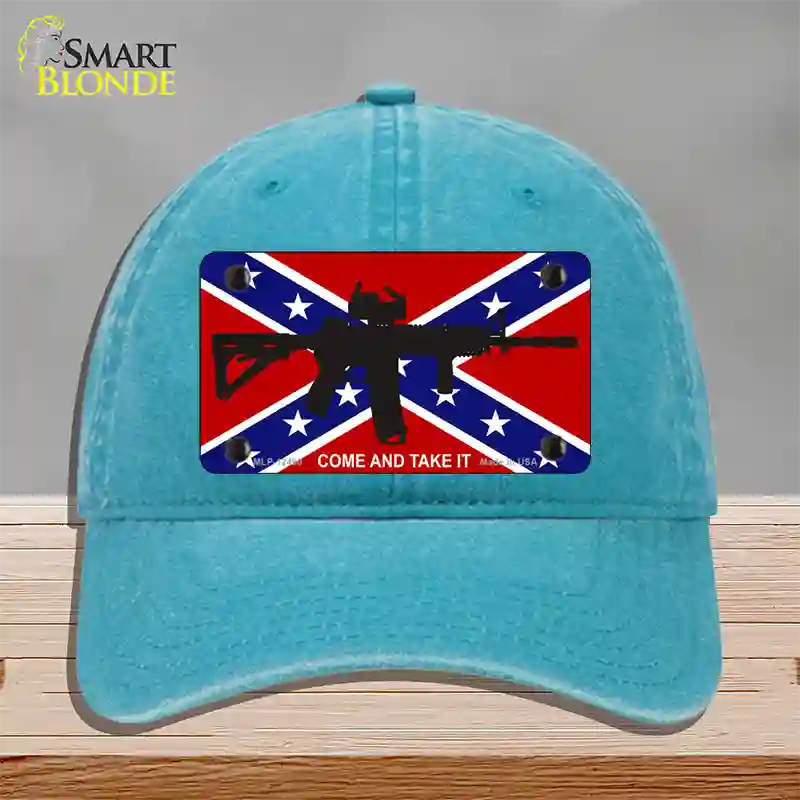 Come and Take It Confederate Flag Novelty License Plate Hat Unconstructed Cotton / Lake Blue