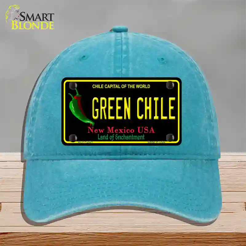 Green Chile New Mexico Black Novelty License Plate Hat Unconstructed Cotton / Lake Blue