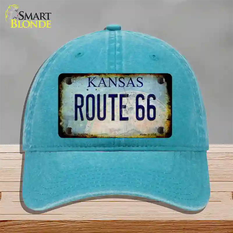 Route 66 Kansas Rusty Novelty License Plate Hat Unconstructed Cotton / Lake Blue