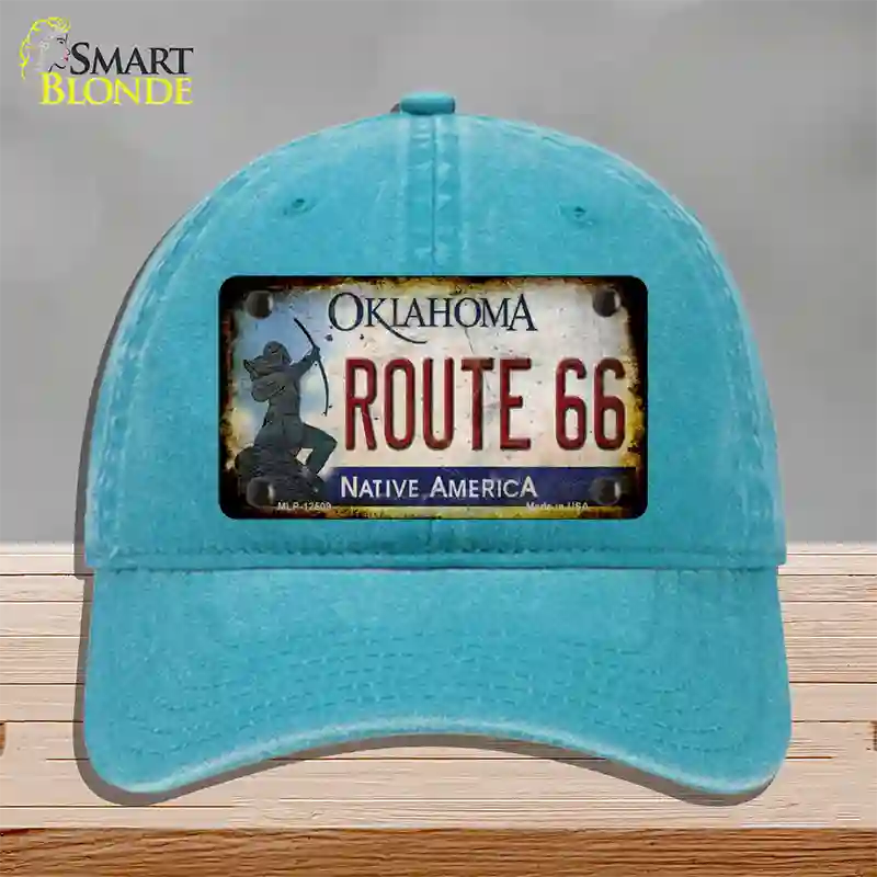 Route 66 Oklahoma Rusty Novelty License Plate Hat Unconstructed Cotton / Lake Blue