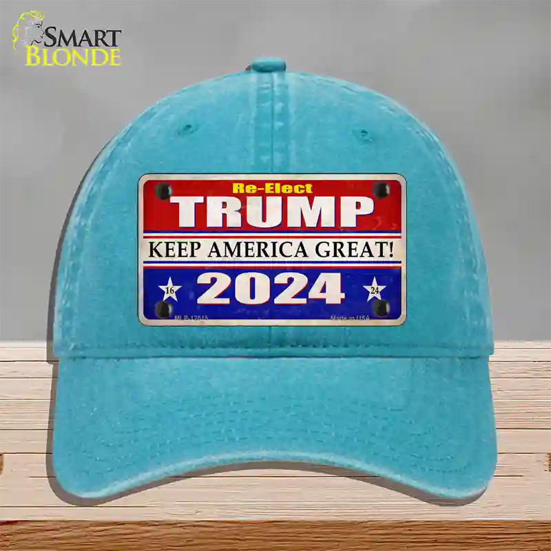 Re-Elect Trump 2024 Novelty License Plate Hat Unconstructed Cotton / Lake Blue