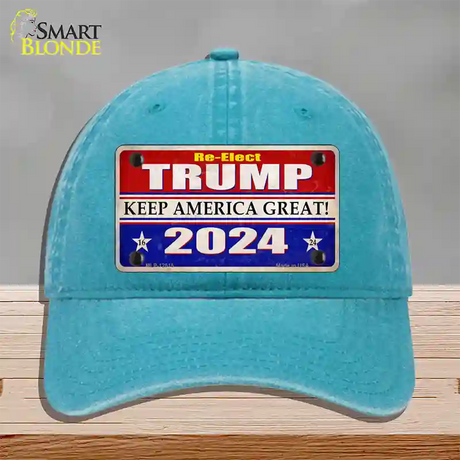 Re-Elect Trump 2024 Novelty License Plate Hat Unconstructed Cotton / Lake Blue