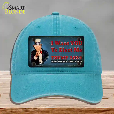 I Want You to Elect Me Trump 2024 Novelty License Plate Hat Unconstructed Cotton / Lake Blue