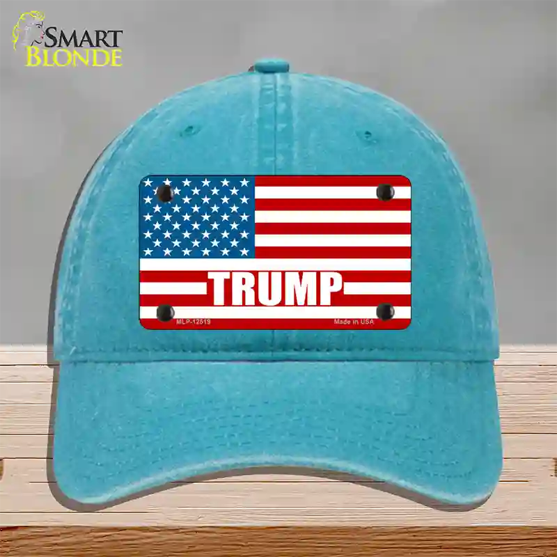 Trump American Flag Novelty License Plate Hat Unconstructed Cotton / Lake Blue