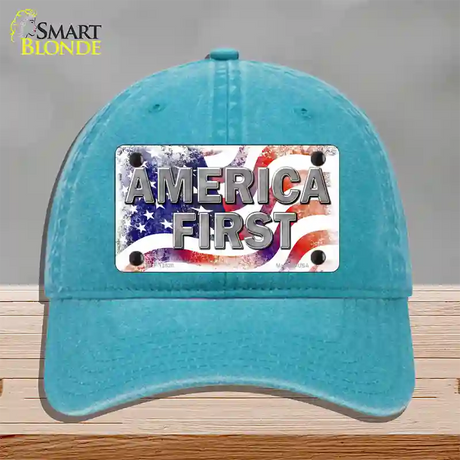 America First Novelty License Plate Hat Unconstructed Cotton / Lake Blue