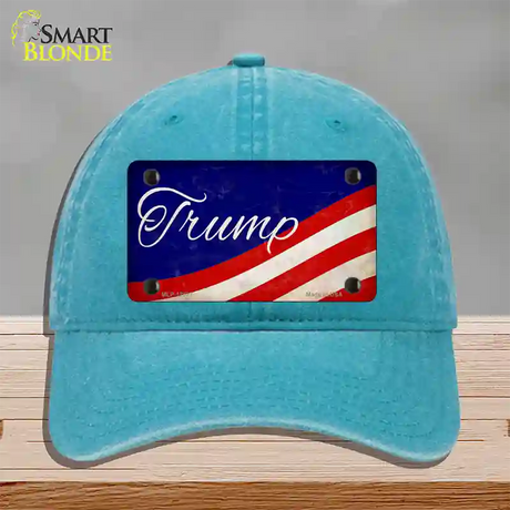 Trump on Waving Flag Novelty License Plate Hat Unconstructed Cotton / Lake Blue