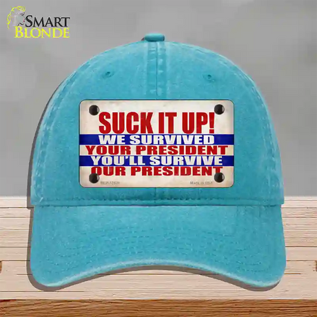 Suck It Up We Survived Novelty License Plate Hat Unconstructed Cotton / Lake Blue