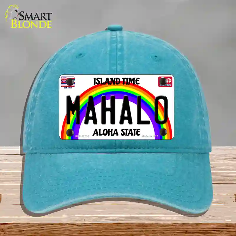 Mahalo Hawaii Novelty License Plate Hat Unconstructed Cotton / Lake Blue