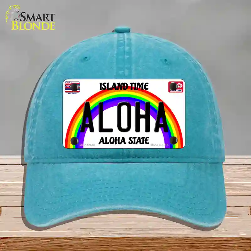 Aloha Hawaii Novelty License Plate Hat Unconstructed Cotton / Lake Blue