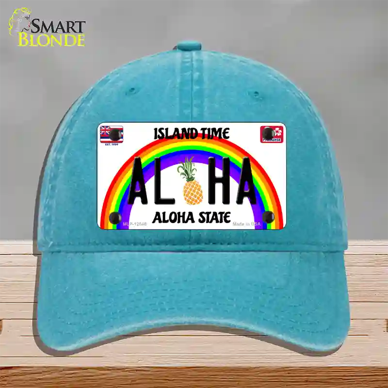 Aloha Pineapple Hawaii Novelty License Plate Hat Unconstructed Cotton / Lake Blue