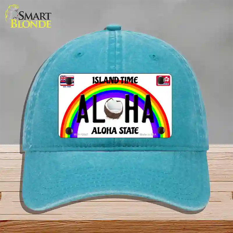 Aloha Coconut Hawaii Novelty License Plate Hat Unconstructed Cotton / Lake Blue