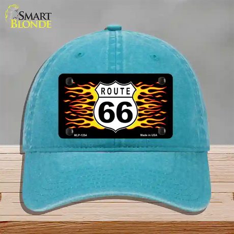 Route 66 Flames Novelty License Plate Hat Unconstructed Cotton / Lake Blue