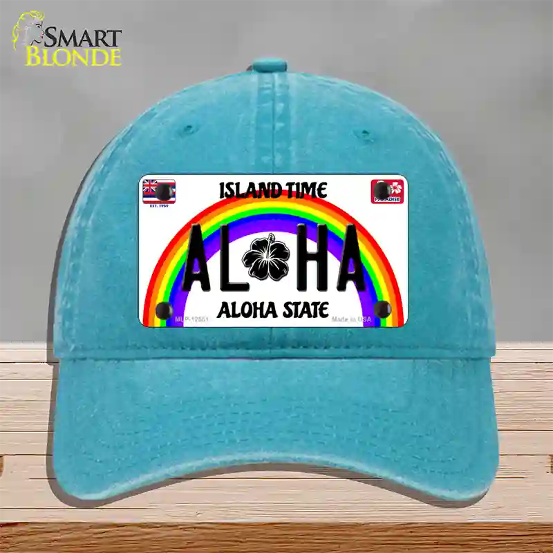 Aloha Hawaii Island Time Novelty License Plate Hat Unconstructed Cotton / Lake Blue