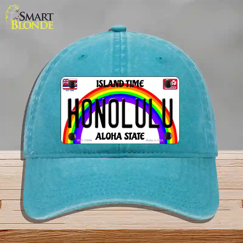 Honolulu Hawaii Novelty License Plate Hat Unconstructed Cotton / Lake Blue