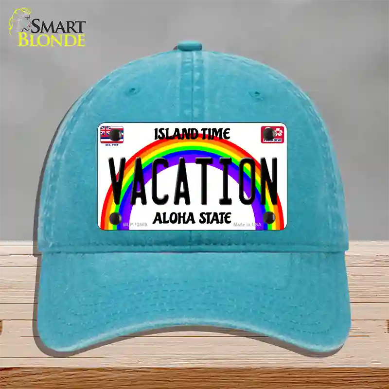 Vacation Hawaii Novelty License Plate Hat Unconstructed Cotton / Lake Blue