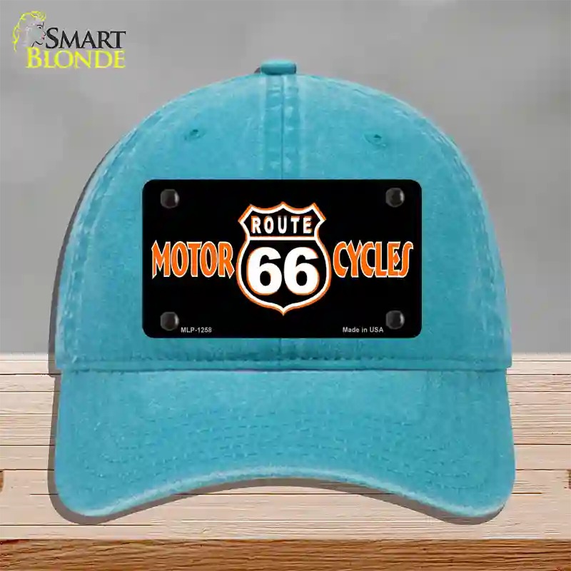 Route 66 Motorcycles Novelty License Plate Hat Unconstructed Cotton / Lake Blue