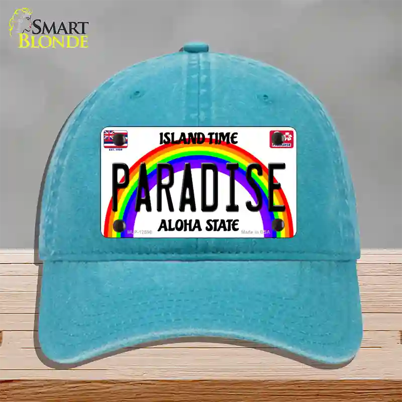 Paradise Hawaii Novelty License Plate Hat Unconstructed Cotton / Lake Blue