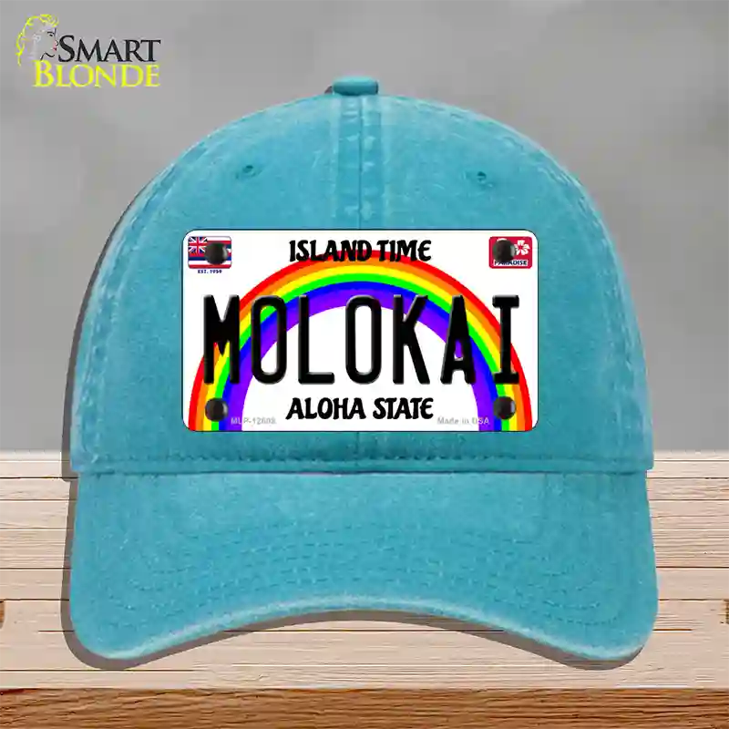 Molokai Hawaii Novelty License Plate Hat Unconstructed Cotton / Lake Blue