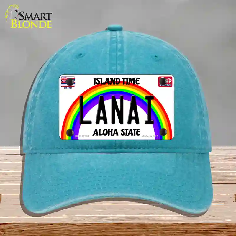 Lanai Hawaii Novelty License Plate Hat Unconstructed Cotton / Lake Blue