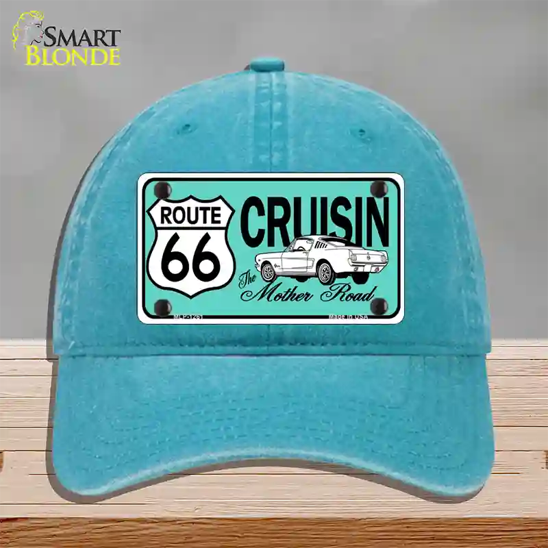 Route 66 Retro Cruisin Novelty License Plate Hat Unconstructed Cotton / Lake Blue