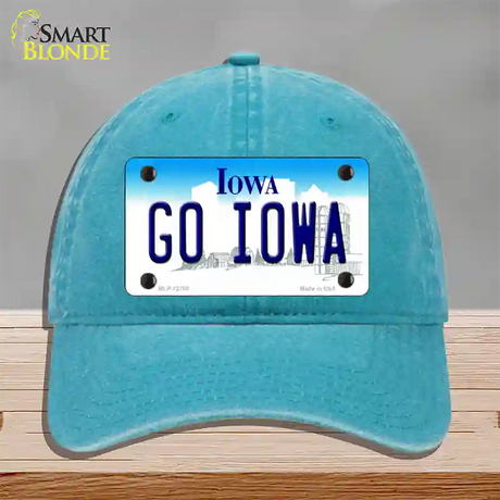 Go Iowa Novelty License Plate Hat Tag Unconstructed Cotton / Lake Blue