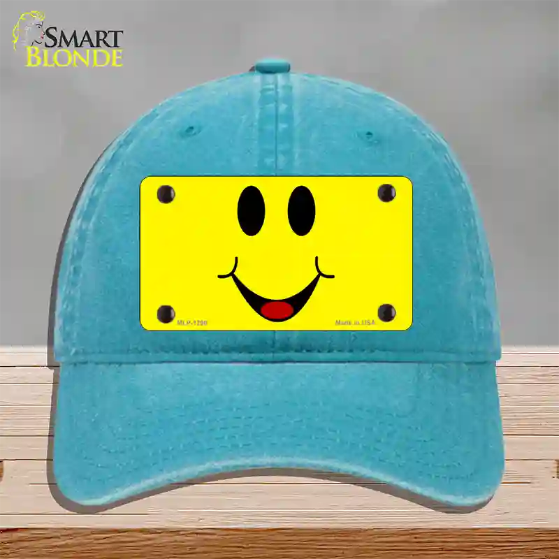 Happy Smiley Novelty License Plate Hat Unconstructed Cotton / Lake Blue