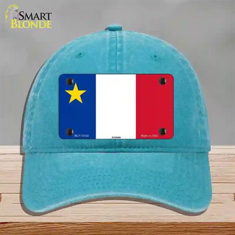 Acadian Canada Flag Novelty License Plate Hat Unconstructed Cotton / Lake Blue