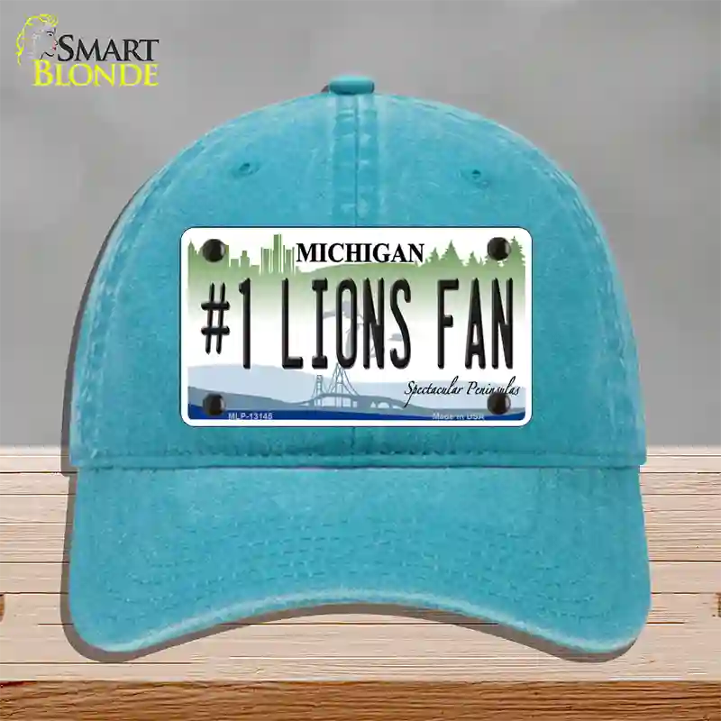 Number 1 Lions Fan Novelty License Plate Hat Tag Unconstructed Cotton / Lake Blue