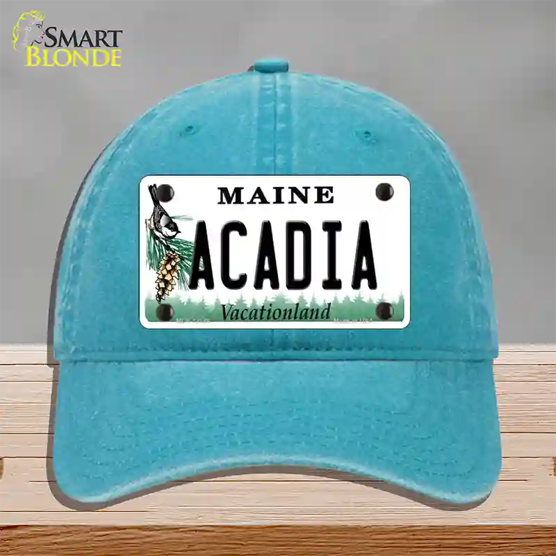 Acadia Maine Novelty License Plate Hat Unconstructed Cotton / Lake Blue